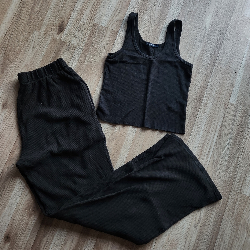 Brandy Melville Black Ribbed Tank Top & Wide-Leg Pants Set